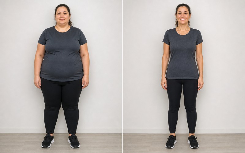 Illustrative before and after gastric sleeve surgery patient journey — individual results vary