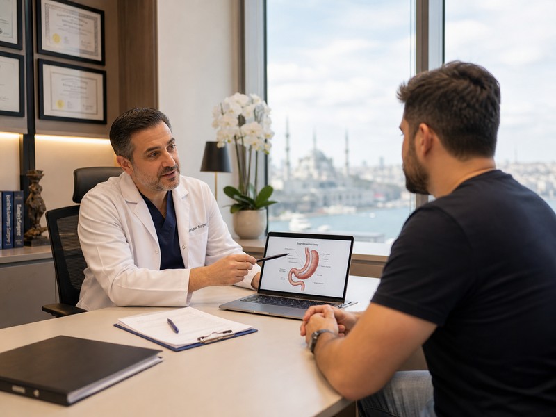 Bariatric surgeon explaining gastric sleeve procedure to patient in Istanbul hospital